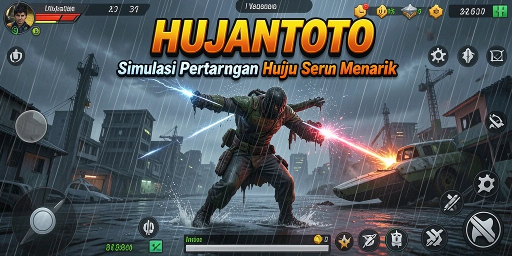 Screenshot gameplay HUJANTOTO menunjukkan aksi bertahan di tengah hujan deras.
