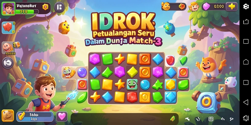 Screenshot gameplay IDROK menampilkan kombinasi warna-warni dan efek ledakan match-3.
