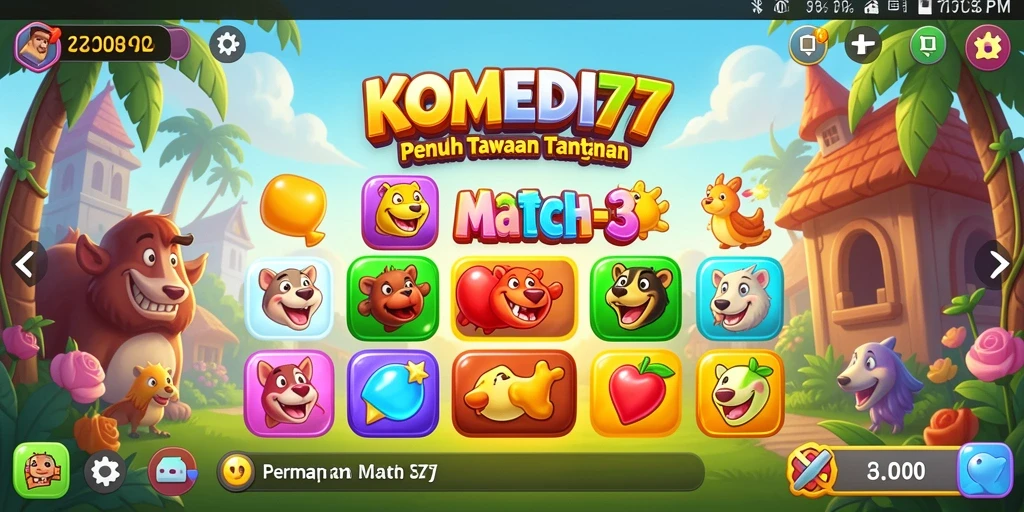 Tangkapan layar menampilkan gameplay seru di KOMEDI77 dengan elemen Match-3.