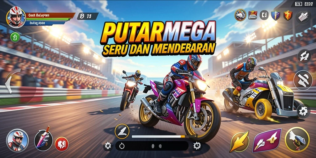 Gameplay balapan seru di PUTARMEGA dengan mobil yang melaju kencang.