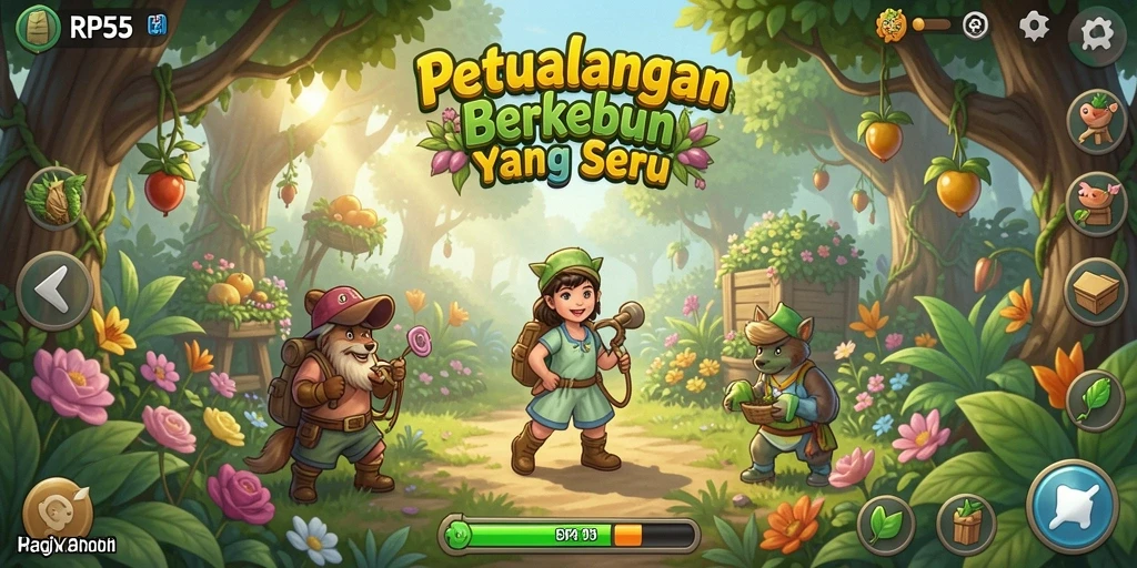 Tampilan gameplay RP55 dengan kebun yang subur dan karakter yang aktif.