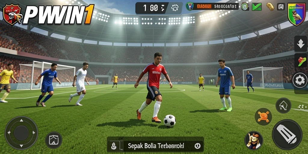 Screenshot utama RPWIN1 menunjukkan aksi sepak bola yang mendebarkan.