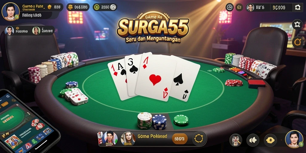 Tangkapan layar gameplay <strong>SURGA55</strong> yang penuh aksi di meja poker.